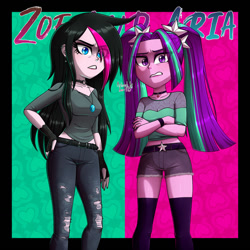 Size: 1280x1280 | Tagged: safe, artist:zoe-975, imported from derpibooru, aria blaze, oc, oc:zoe star pink, equestria girls, badass, clothes, duo, duo female, female, goth, hair over one eye, jewelry, makeup, necklace, pants, shorts