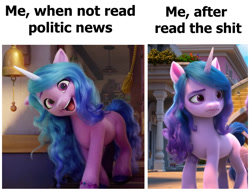 Size: 860x660 | Tagged: safe, edit, edited screencap, imported from derpibooru, screencap, izzy moonbow, pony, unicorn, g5, happy, meme, my little pony: a new generation, my little pony: make your mark, politics, sad, vulgar