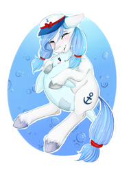 Size: 1685x2200 | Tagged: safe, artist:karamboll, imported from derpibooru, oc, oc only, dolphin, earth pony, pony, blue mane, blue tail, blushing, bubble, cute, eyes closed, female, hat, hug, mare, ocean, simple background, smiling, solo, sunlight, tail, underwater, unshorn fetlocks, water, white background