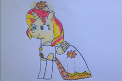 Size: 960x640 | Tagged: safe, artist:boogeyboy1, imported from derpibooru, sunset shimmer, alicorn, pony, equestria girls, alicornified, clothes, crown, drawing, dress, gloves, happy, jewelry, long gloves, ponified, race swap, regalia, smiling