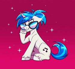 Size: 3825x3525 | Tagged: safe, artist:confetticakez, imported from derpibooru, dj pon-3, vinyl scratch, pony, unicorn, alternate hairstyle, cute, grin, male, one eye closed, pride, pride flag, purple background, record scrape, rule 63, simple background, smiling, solo, stallion, trans male, transgender, transgender pride flag, unshorn fetlocks, vinyl's glasses, vinylbetes, wink