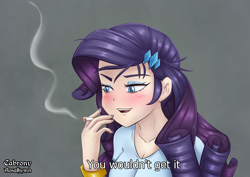 Size: 2631x1860 | Tagged: safe, artist:cabrony, artist:rosalhymn, imported from derpibooru, rarity, human, blushing, bracelet, cigarette, clothes, eyeshadow, female, humanized, jewelry, joker (2019), lidded eyes, makeup, open mouth, open smile, shirt, smiling, smoking, solo, subtitles