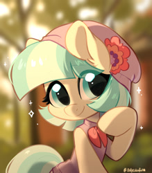 Size: 1544x1766 | Tagged: safe, artist:oofycolorful, imported from derpibooru, coco pommel, earth pony, pony, beanie hat, big head, blurry background, clothes, cocobetes, cute, eye clipping through hair, female, half body, hat, looking at you, mare, shirt, sleeveless, smiling, solo