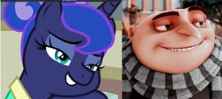 Size: 2048x917 | Tagged: safe, edit, edited screencap, imported from derpibooru, screencap, princess luna, alicorn, human, pony, between dark and dawn, alternate hairstyle, bald, bedroom eyes, comparison, cute, despicable me, eyelashes, faic, felonius gru, female, grin, male, mare, minions, post office, smiling