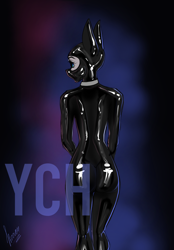 Size: 1640x2360 | Tagged: safe, artist:stirren, imported from derpibooru, anthro, abstract background, commission, girly, latex, latex suit, looking sideways, mask, rear view, solo, standing, your character here