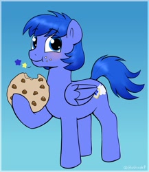 Size: 1584x1824 | Tagged: safe, artist:heretichesh, imported from derpibooru, oc, oc only, pegasus, pony, blushing, cookie, eating, food, giant food, gradient background, hoof hold, looking at you, male, smiling, solo, stallion