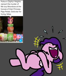 Size: 1237x1417 | Tagged: safe, artist:professorventurer, imported from derpibooru, izzy moonbow, pipp petals, pegasus, pony, unicorn, series:ask pippamena, bottle, emanata, female, g5, good2grow, laughing, mare, meme, merchandise, my little pony: a new generation, open mouth, ponestrip, solo, walmart