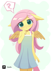 Size: 1000x1407 | Tagged: safe, artist:howxu, imported from derpibooru, fluttershy, anthro, pegasus, blushing, clothes, cute, daaaaaaaaaaaw, dress, female, floppy ears, hnnng, howxu is trying to murder us, looking at you, question mark, shyabetes, solo, sundress, thought bubble, weapons-grade cute, wings, younger
