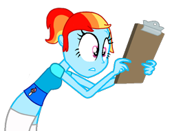 Size: 640x487 | Tagged: safe, artist:pagiepoppie12345, imported from derpibooru, oc, oc only, oc:artie brush, human, equestria girls, clipboard, clothes, cutie mark on clothes, holding, list, multicolored hair, paint, paintbrush, ponytail, rainbow hair, shirt, simple background, skirt, socks, transparent background