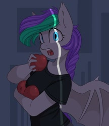Size: 1038x1200 | Tagged: safe, artist:melodylibris, imported from derpibooru, oc, oc only, oc:lony, anthro, bat pony, apple, bat pony oc, female, food, looking at you, mare, open mouth, solo