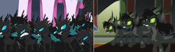 Size: 2394x720 | Tagged: safe, artist:shawn keller, edit, edited screencap, imported from derpibooru, screencap, changeling, a canterlot wedding, comparison, guardians of pondonia, the three kingdoms, weirdling