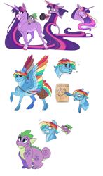 Size: 3000x5100 | Tagged: safe, artist:uunicornicc, imported from derpibooru, fluttershy, rainbow dash, spike, twilight sparkle, classical unicorn, dragon, pegasus, pony, unicorn, alternate design, alternate universe, bag, cheek feathers, cloven hooves, coat markings, colored wings, facial markings, feathered fetlocks, female, frying pan, horn, leonine tail, levitation, long horn, long mane, long tail, magic, mare, messenger bag, multicolored wings, rainbow wings, simple background, snip (coat marking), socks (coat markings), star (coat marking), tail, tail feathers, tangled (disney), telekinesis, unicorn twilight, wanted poster, white background, wings
