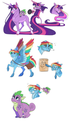 Size: 3000x5100 | Tagged: safe, artist:uunicornicc, imported from derpibooru, rainbow dash, spike, twilight sparkle, classical unicorn, dragon, pegasus, pony, unicorn, alternate design, alternate universe, bag, cheek feathers, cloven hooves, coat markings, colored wings, facial markings, feathered fetlocks, female, frying pan, horn, leonine tail, lesbian, levitation, long horn, long mane, long tail, magic, mare, messenger bag, multicolored wings, rainbow wings, shipping, simple background, snip (coat marking), socks (coat markings), star (coat marking), tail, tail feathers, tangled (disney), telekinesis, twidash, unicorn twilight, wanted poster, white background, wings