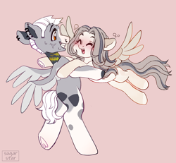 Size: 2766x2553 | Tagged: safe, artist:sugarstar, imported from derpibooru, oc, pegasus, pony, blushing, drunk, eyes closed, hug, open mouth, open smile, smiling, spread wings, wings