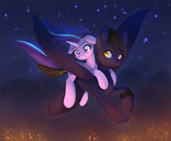Size: 1600x1317 | Tagged: safe, artist:asimos, imported from derpibooru, starlight glimmer, oc, pegasus, pony, unicorn, duo, floppy ears, flying, ponies riding ponies, riding, starlight glimmer riding oc, teary eyes