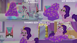 Size: 1280x720 | Tagged: safe, edit, edited screencap, editor:quoterific, imported from derpibooru, screencap, pipp petals, zipp storm, pegasus, pony, spoiler:g5, spoiler:my little pony: tell your tale, spoiler:tyts01e04, bed, blanket, duo, female, g5, implied izzy moonbow, lip bite, mare, my little pony: tell your tale, nightmare roommate, open mouth, open smile, pillow, smiling, text