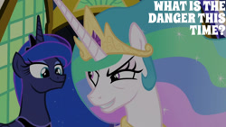 Size: 1280x720 | Tagged: safe, edit, edited screencap, editor:quoterific, imported from derpibooru, screencap, princess celestia, princess luna, alicorn, pony, between dark and dawn, season 9, spoiler:s09, crown, duo, female, jewelry, mare, regalia, smiling, text, twilight's castle