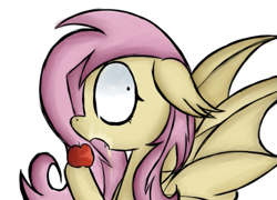 Size: 789x568 | Tagged: safe, artist:alandisc, imported from derpibooru, fluttershy, bat, bat pony, pony, undead, vampire, vampony, alternate hairstyle, apple, bat ponified, bat wings, caught, eating, eyelashes, fangs, female, floppy ears, flutterbat, food, herbivore, imminent bite, messy eating, race swap, shrunken pupils, simple background, solo, surprised, white background, wings