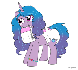 Size: 3365x3030 | Tagged: safe, artist:lynnthenerdkitty, imported from derpibooru, izzy moonbow, pony, unicorn, diaper, diaper fetish, female, fetish, g5, inspiration, mare, mouth hold, non-baby in diaper, simple background, solo, white background