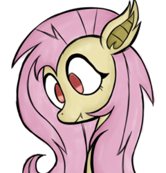 Size: 574x597 | Tagged: safe, artist:alandisc, imported from derpibooru, fluttershy, bat pony, pony, bat ponified, cute, eyelashes, fangs, flutterbat, looking down, messy mane, no pupils, race swap, shyabetes, simple background, solo, white background