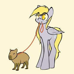 Size: 2500x2500 | Tagged: safe, artist:manicpanda, imported from derpibooru, derpy hooves, pegasus, pony, animal, capybara, eye clipping through hair, female, full body, leash, mare, mouth hold, no pupils, simple background, solo, yellow background