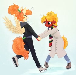 Size: 1200x1172 | Tagged: safe, artist:melodylibris, imported from derpibooru, oc, oc only, anthro, pegasus, plantigrade anthro, unicorn, clothes, fourth doctor's scarf, ice skating, scarf, striped scarf