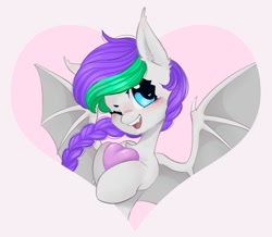 Size: 956x834 | Tagged: safe, artist:melodylibris, imported from derpibooru, oc, oc only, oc:lony, bat pony, pony, blushing, fangs, female, heart, looking at you, one eye closed, simple background, solo, spread wings, wings, wink, winking at you