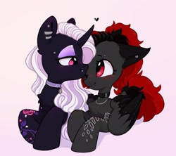 Size: 2278x2021 | Tagged: safe, artist:melodylibris, imported from derpibooru, oc, oc only, pegasus, pony, unicorn, bedroom eyes, blushing, collar, duo, heart, jewelry, kissing, looking at each other, looking at someone, lying down, necklace, one eye closed