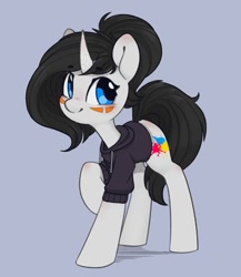 Size: 795x914 | Tagged: safe, artist:melodylibris, imported from derpibooru, oc, oc only, pony, unicorn, clothes, female, hoodie, looking at you, raised hoof, simple background, solo