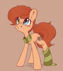 Size: 803x906 | Tagged: safe, artist:melodylibris, imported from derpibooru, oc, oc only, oc:rusty gears, earth pony, pony, brown background, clothes, heterochromia, scarf, simple background, socks, solo, striped scarf, striped socks