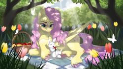 Size: 3840x2160 | Tagged: safe, artist:bluefeathercat, imported from derpibooru, angel bunny, fluttershy, pegasus, pony, basket, cute, daaaaaaaaaaaw, flower, food, forest, light rays, picnic blanket, shyabetes, strawberry, tulip