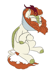 Size: 600x800 | Tagged: safe, artist:rocket-lawnchair, imported from derpibooru, autumn blaze, kirin, cloven hooves, elizabethan collar, female, simple background, solo, unamused, white background