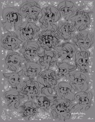 Size: 3188x4096 | Tagged: safe, alternate version, artist:melodylibris, imported from derpibooru, oc, oc only, cat, fox, griffon, pony, unicorn, angry, bleeding, blood, crying, ears back, flower, glasses, gray background, monochrome, multiple characters, shocked, shocked expression, simple background, sketch, tired, yelling