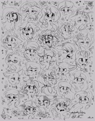 Size: 3188x4096 | Tagged: safe, artist:melodylibris, imported from derpibooru, oc, oc only, cat, fox, griffon, pony, unicorn, angry, bleeding, blood, crying, ears back, flower, glasses, gray background, monochrome, multiple characters, shocked, shocked expression, simple background, sketch, tired, yelling