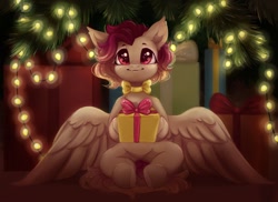 Size: 1200x873 | Tagged: safe, artist:melodylibris, imported from derpibooru, oc, oc only, pegasus, pony, christmas, christmas lights, christmas tree, holiday, looking at you, neck bow, present, sitting, solo, spread wings, tree, wings