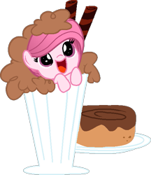 Size: 507x588 | Tagged: safe, artist:tanahgrogot, imported from derpibooru, oc, oc:annisa trihapsari, earth pony, pony, annibetes, base used, chibi, chocolate, chocolate milk, cinnamon bun, cup, cup of pony, cute, earth pony oc, food, medibang paint, micro, milk, milkshake, ocbetes, open mouth, simple background, solo, transparent background