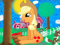 Size: 1024x768 | Tagged: safe, artist:thedarktercio, imported from derpibooru, applejack, winona, dog, earth pony, pony, female, mare, smiling, solo, sweet apple acres