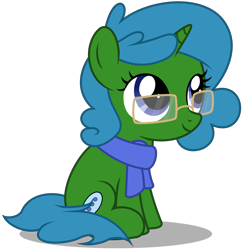Size: 3600x3710 | Tagged: safe, artist:strategypony, imported from derpibooru, oc, oc only, oc:museo sans, unicorn, clothes, female, filly, foal, glasses, horn, looking up, scarf, simple background, sitting, transparent background, unicorn oc