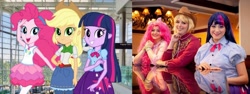 Size: 2064x773 | Tagged: safe, artist:maddymoiselle, artist:sarahndipity cosplay, artist:shelbeanie, imported from derpibooru, applejack, pinkie pie, twilight sparkle, human, equestria girls, equestria girls series, clothes, cosplay, costume, cowgirl, everfree northwest 2019, irl, irl human, photo