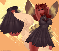 Size: 3000x2580 | Tagged: safe, alternate version, artist:xjenn9, imported from derpibooru, oc, oc only, oc:flechette, anthro, changeling, moth, mothling, original species, arm behind head, bedroom eyes, breasts, busty oc, clothes, commission, cute, dress, grin, looking at you, red changeling, smiling, solo, tail, tail hole, ych result
