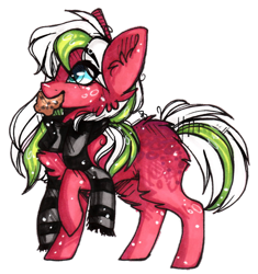 Size: 802x855 | Tagged: safe, artist:tay-niko-yanuciq, imported from derpibooru, oc, oc only, earth pony, pony, clothes, earth pony oc, food, mouth hold, muffin, raised hoof, scarf, simple background, solo, transparent background