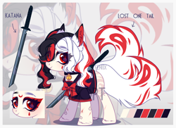 Size: 3658x2657 | Tagged: safe, artist:fenix-artist, imported from derpibooru, oc, oc only, original species, pony, clothes, eyelashes, hair over one eye, katana, kitsune, kitsune pony, multiple tails, sword, tail, weapon, zoom layer