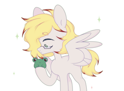 Size: 3865x2830 | Tagged: safe, artist:sayu roro, imported from derpibooru, oc, oc only, oc:ludwig von leeb, frog, pegasus, pony, toad, blonde hair, glasses, green eyes, male, simple background, solo, spread wings, stallion, white background, wings