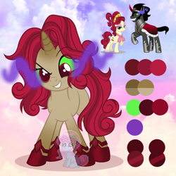 Size: 1200x1200 | Tagged: safe, artist:shiee-artopia223, imported from derpibooru, cherry jubilee, king sombra, earth pony, pony, unicorn, evil grin, female, fusion, grin, hoof shoes, male, mare, raised hoof, smiling, sombra eyes, stallion