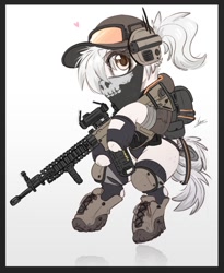 Size: 986x1200 | Tagged: safe, artist:ncmares, imported from derpibooru, oc, oc only, oc:treasure, earth pony, backpack, boots, clothes, female, gun, hat, mare, shoes, soldier, solo, weapon