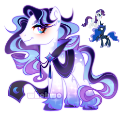 Size: 1580x1510 | Tagged: safe, artist:whohwo, imported from derpibooru, princess luna, rarity, alicorn, earth pony, pony, unicorn, base used, chest fluff, ear piercing, eyelashes, fusion, makeup, male, piercing, smiling, stallion, unshorn fetlocks