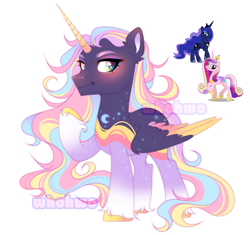 Size: 2050x1926 | Tagged: safe, artist:whohwo, imported from derpibooru, princess cadance, princess luna, alicorn, pony, base used, chest fluff, ear fluff, eyelashes, fusion, hoof shoes, makeup, male, raised hoof, simple background, smiling, stallion, white background