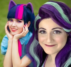 Size: 1517x1440 | Tagged: safe, artist:krutaiamaria, artist:sarahndipity cosplay, edit, imported from derpibooru, starlight glimmer, twilight sparkle, human, equestria girls, mirror magic, spoiler:eqg specials, clothes, cosplay, costume, everfree northwest 2019, grin, irl, irl human, photo, smiling