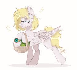 Size: 3480x3150 | Tagged: safe, artist:sjn, imported from derpibooru, oc, oc only, oc:ludwig von leeb, frog, pegasus, pony, toad, basket, blonde hair, clock, glasses, green eyes, male, simple background, solo, stallion, white background, wings