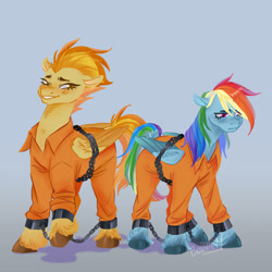 Size: 2000x2000 | Tagged: safe, artist:bonniem_x2, imported from derpibooru, rainbow dash, spitfire, pegasus, pony, bound wings, chains, clothes, cuffs, duo, duo female, female, prison outfit, prisoner, prisoner rd, shackles, unshorn fetlocks, wings